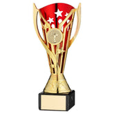 GOLD/RED PLASTIC 'FLASH' CUP ON BLACK MARBLE ASSEMBLED TROPHY (1" CEN) - 7.25in
